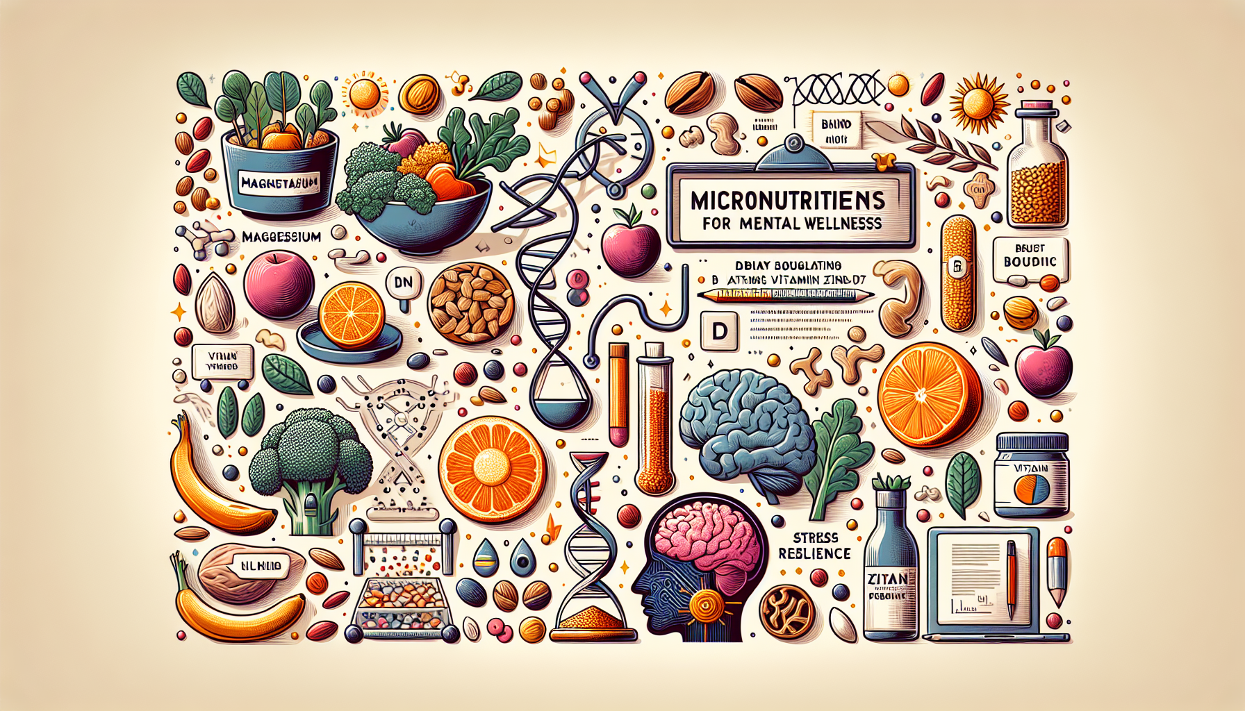 Calm, informative illustration featuring a mood-scale with nutrient-rich foods on each side, a shield symbol, and small lab icons like a microscope and DNA strand to suggest science behind micronutrients and mental wellness.